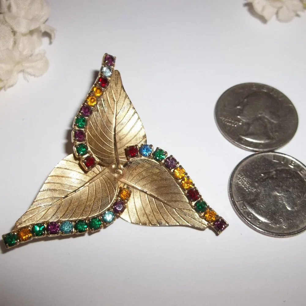 Vintage Leaf Brooch Costume Jewelry Gold with Multi-colored Rhinestones C619
